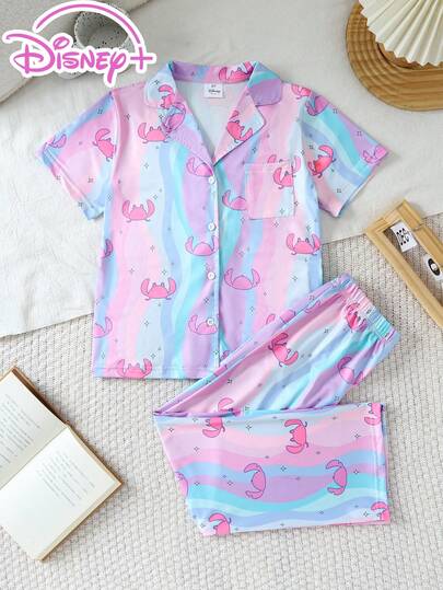 Disney 女童针织图案翻领纽扣短袖上衣+松紧腰裤套装，舒适日常穿着，适合休闲居家穿着