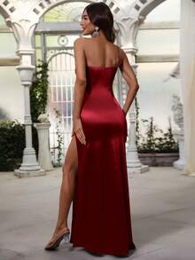 One Shoulder Split Thigh Satin Formal Dress Elegant Bridesmaid Dress - Burgundy - View 5