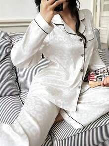 Milk White Leopard Jacquard Women Long Sleeve Pajama Set - White - View 4
