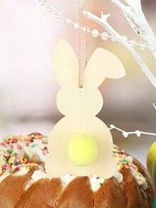 20pcs Unfinished Wooden Easter Bunny Silhouette Shapes With Colorful Pom Poms, Hanging Ornaments, Bunny Shape Craft Tags, Wooden Pendants, DIY Decorations, Wooden Shavings Bunny Paper Cutting Easter Wooden Craft - Multicolor - View 5
