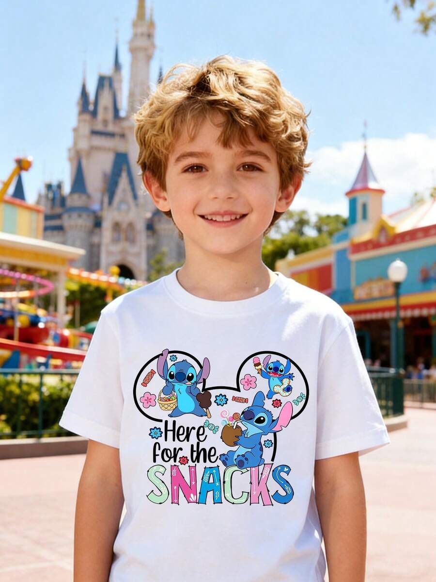 Disney Boys' T-Shirt, Featuring A Creative And Adorable Stitch Alphabet Cartoon Print. This Summer Cotton Crew-Neck Short-Sleeve Shirt Is Perfect For Everyday Wear, Vacations, Outdoor Activities, And As A Gift For Children. - 白色 - 查看 1
