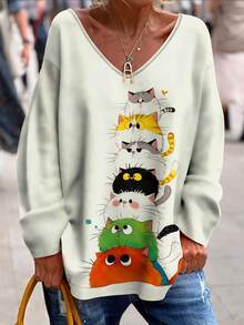 Plus Size Women's Fashionable Cute Colorful Cat Print V-Neck Long Sleeve Top, Casual & Comfortable, Slightly Stretchy Fabric, Animal Pattern, Suitable For All Seasons Spring - Beige - View 4