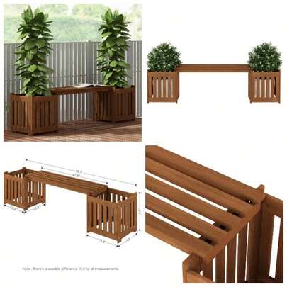 Outdoor Planter Box With Seater, Wood, Natural, 173.99x 45.46 Hx 40.13 D