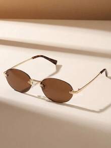 1副复古棕色椭圆形金属框男女通用眼镜，时尚休闲，通勤、海滩、街头风格个性化眼镜 - 金茶 - 查看 2