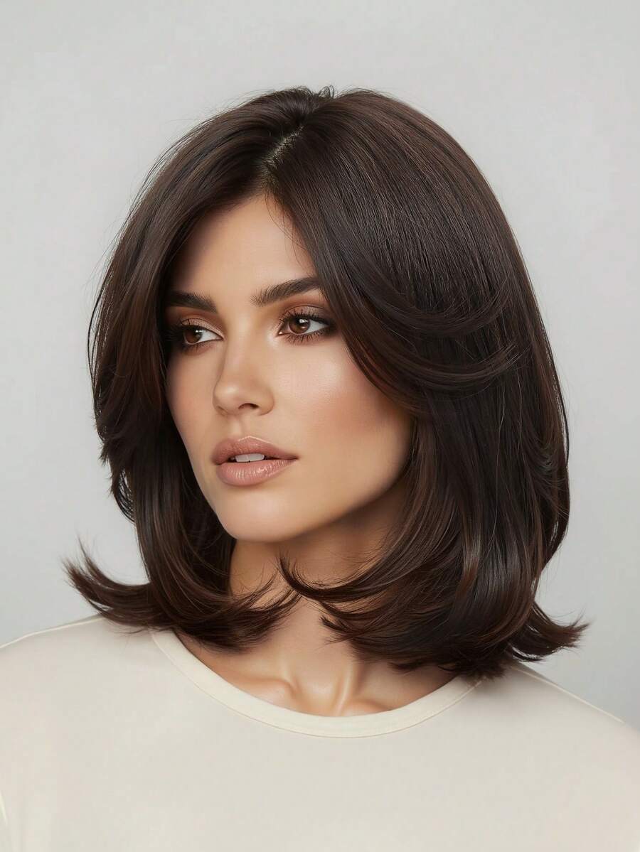 棕色渐变刘海假发，女士齐肩层次刘海假发，耐热合成纤维假发