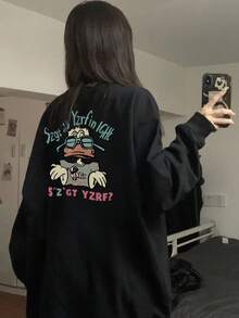 Women's Casual Loose Fit Cotton Sweatshirt With Cartoon Duck Print And Letter Pattern, Versatile For Autumn/Winter - Black - View 1