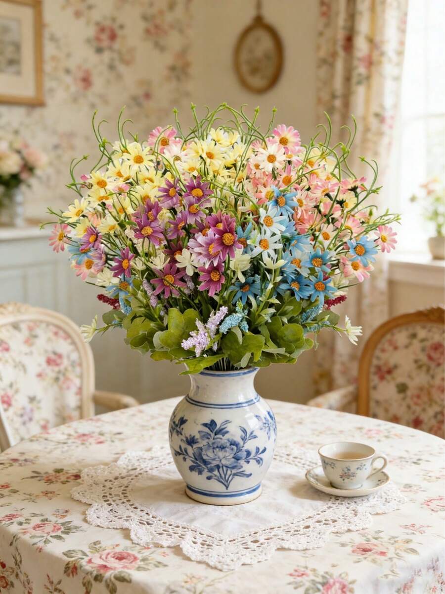 4pcs Faux Silk Daisy - UV Resistant Artificial Flower Bouquet, Suitable For Indoor Living Room Coffee Table, Office Desk And Outdoor Garden, Balcony, Window Sill Decor