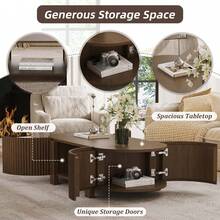 MERAX Oval Fluted Coffee Table With Storage For Living Room, Rubber Solid Wood, 1 Shelf & 2 Open Storage Doors, 47", Walnut - 核桃 - 查看 5