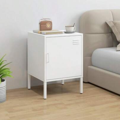 Steel Bedside Table, Versatile Side Table, Adjustable Shelves, For Bedroom, For Living Room, White