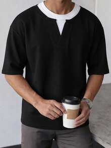 男士黑色圆领加厚短袖T恤，撞色设计，垂坠透气面料，触感顺滑亲肤，不易起球，休闲百搭，适合日常穿着、轻度通勤，男士礼物 - 黑色 - 查看 3