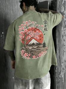 Men's Summer Fashion Minimalist Cherry Blossom & Mount Embroidery Print Round Neck Short Sleeve T-Shirt | Basic Street Casual Tee, Boyfriend Gift - Olive Green - View 3