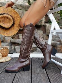 New Fashion Women's Pointed Toe Chunky Heel Embroidered Western Boots - Brown - View 7