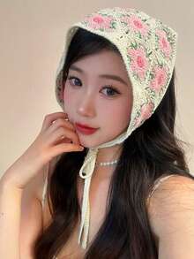 1条优雅钩编三角围巾 - 复古法式针织发带，粉色花卉图案，甜美可爱，外出旅行的完美头饰 | 花卉图案发带 | 精致钩编工艺，发带围巾，头巾，秋冬发带，女士节日配饰，女士发饰，优雅发带