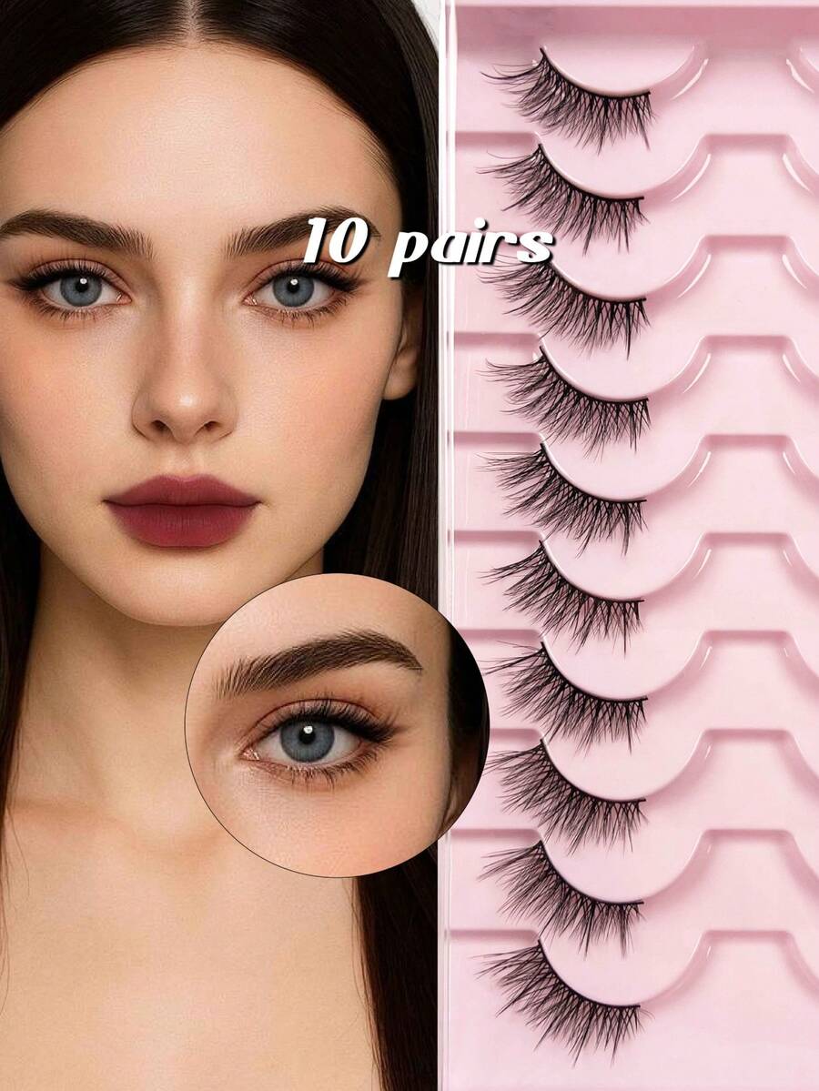 10-Pair Pack 3D Half-Eye False Eyelashes: Natural Long & Slender With Graduated Length, Soft Band For Curly & Voluminous Look, Beginner-Friendly & Easy To Apply, Reusable, Eye-Enlarging Lash Strips For Daily Makeup With Romantic Vibe. - Half Eye-Cross - View 1