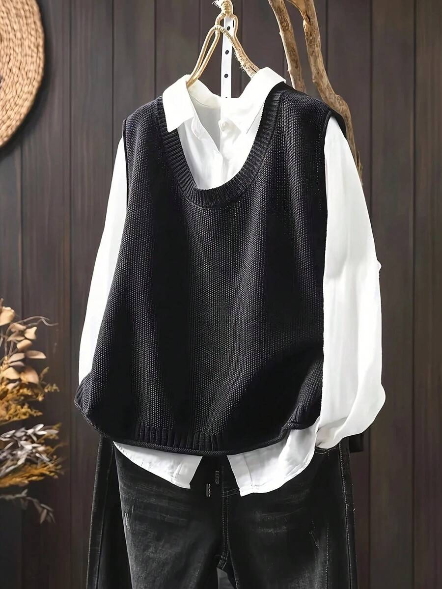Loose Fit Back Button Round Neck Knit Vest, Layering Sleeveless Top Black - Black - View 1