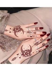 2张月亮和花朵图案酒红色指甲花临时纹身贴纸 - Manhaiti Design 派对和节日人体彩绘纹身 - 紅色 - 查看 4