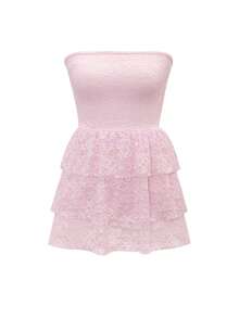 Đầm ôm sát Vaiaye Romantic Elegant Lace không dây vai, không tay, hở lưng, gợi cảm với hai lớp bèo nhún ở gấu váy, thích hợp cho đám cưới, tiệc tùng, hòa nhạc, lễ hội mùa hè, màu hồng. - Hồng - Xem 3