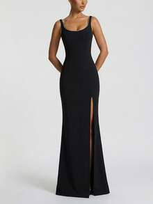 黑色圆领无袖修身镶钻高开衩晚礼服