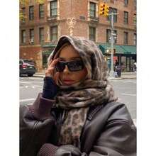 1pc Solid Color Scarf, Winter Warm Neck, Thickened Wool Knitted Thick Fringed Shawl, Can Be Worn For Dress - Leopard Print - View 2