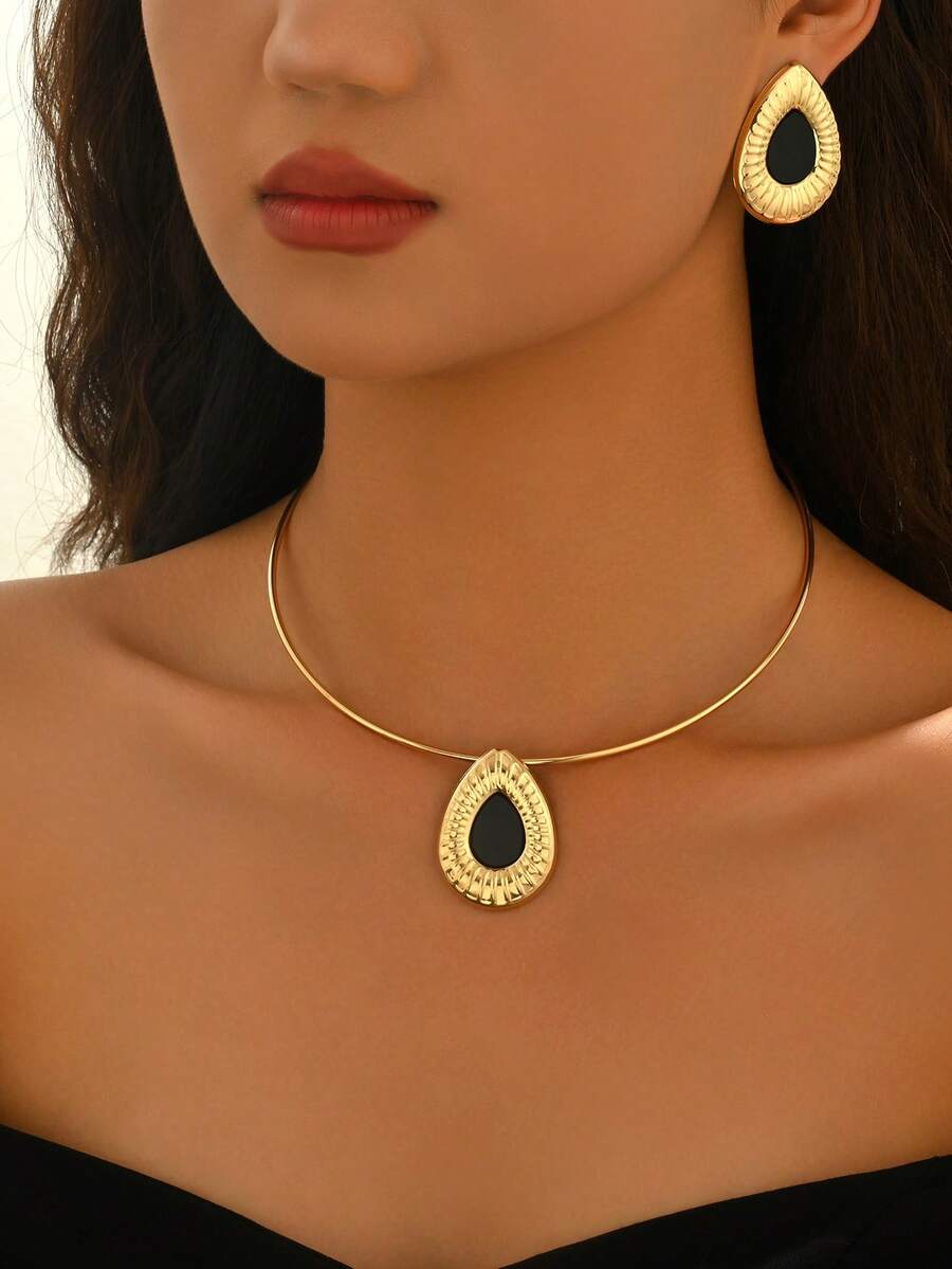 3pcs/Set Exaggerated Geometric Water Drop Earrings & Necklace Set For Women - Yellow Gold - View 1