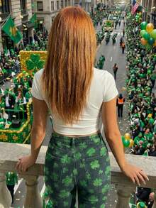 圣帕特里克节三叶草印花修身短袖圆领T恤，女款，适合春夏穿着 - 白色 - 查看 9