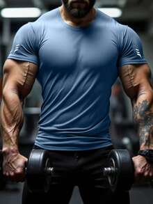 Maglietta leggera e traspirante a maniche corte, asciugatura rapida, design alla moda con stampa sulla spalla, outfit sportivo da uomo alla moda, comoda e traspirante maglietta girocollo, maglietta casual da all'aperto, running e fitness - blu polveroso - Visualizzare 3