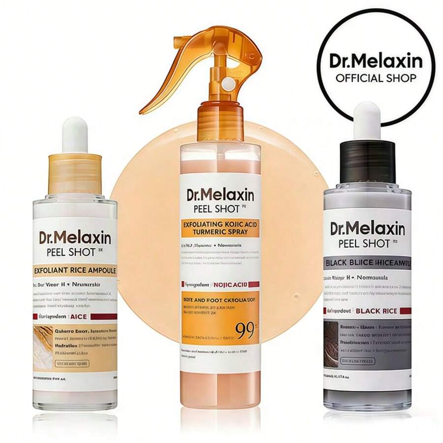 Dr.Melaxin Peel Shot Skin Exfoliating 3-Piece Set, Rice Ampoule + Kojic Acid Turmeric Spray + Black Rice Ampoule, Gentle Peel Brightening Facial Care Kit For Dull Uneven Skin Tone