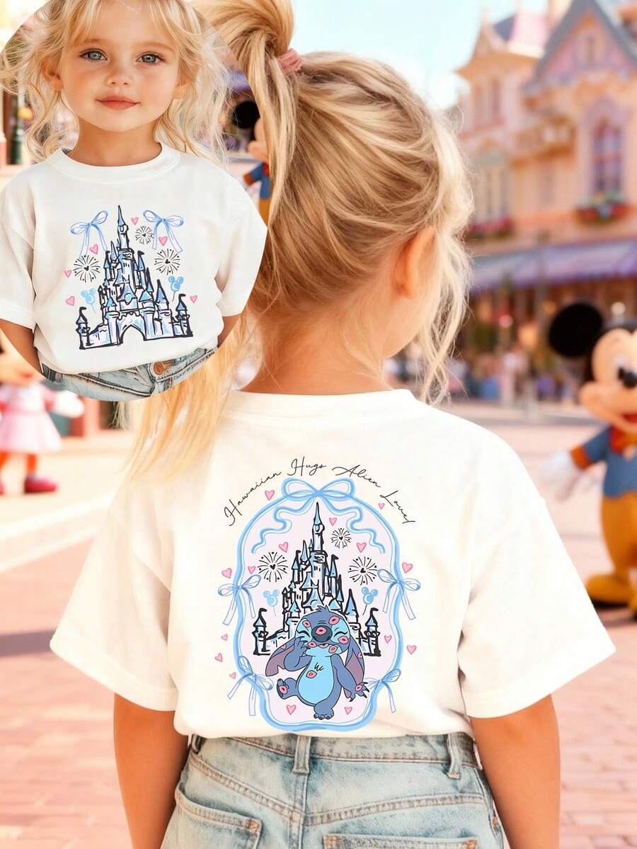 Disney Girls' T-Shirt, Stitch Disney Castle Cartoon Double-Sided Print, Summer Girls' Cotton Crew Neck Short Sleeve, Suitable For Everyday Wear, Holidays, Outdoor Activities, And As A Gift For Children. - White - View 1