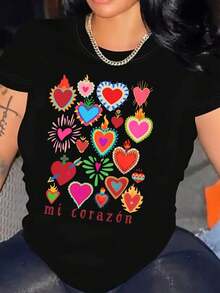 Ladies' Casual Short Sleeved Round Neck T-Shirt, Vividly Printed With Our Ladies' Guadalupe And Spanish Sacred Heart Patterns, Lightweight, Black, With Colorful Heart And Flame Design, Perfect For Spring And Summer, Ladies' T - 黑色22 - 查看 1