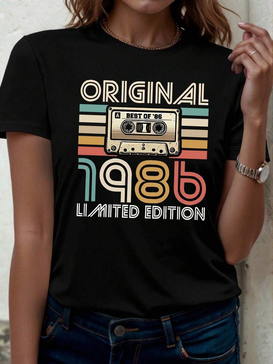 1986限量版复古磁带图案女士舒适短袖T恤 - 复古几何印花休闲上衣，四季皆宜，可机洗，复古T恤，日常时尚，宽松版型黑色夏季款 - 黑色 - 查看 1
