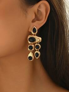 1pc Fashionable Geometric Asymmetrical 3D Spiral Acrylic & Metal Combination Statement Dangle Earrings, Versatile For Daily And Party Wear - Golden Yellow+Black - View 11