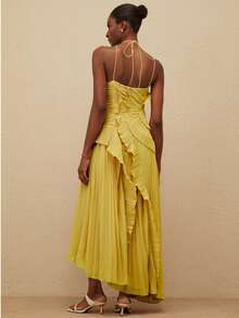 Women Ruffle Hem Pleated Sheer Mesh Long Maxi Dress Sleeveless Halter Neck Irregular Tiered Flowy Long Maxi Dresses For Wedding Guest Summer Holiday Beachwear - Màu vàng - Xem 6