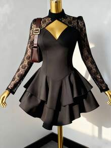 Vestido de moda elegante con encaje, parches y volantes en el bajo, ideal para bailes de graduación - Negro - Ver 8