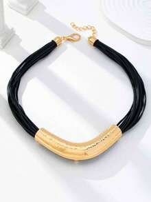 1pc Thick Rope Necklace With Hammered Metal Tube Pendant, Personalized Necklace Jewelry - Multicolor - View 4