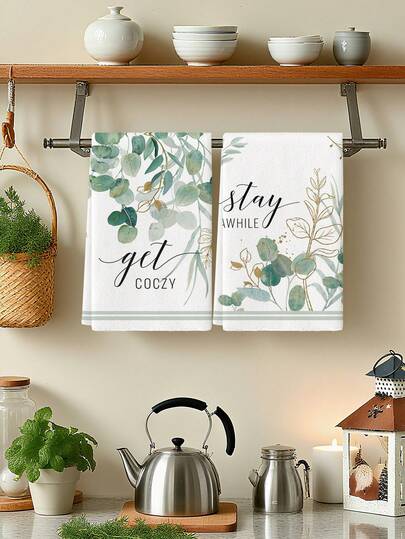 2Pcs Spring/Summer Watercolor Floral Eucalyptus Leaf Farmhouse Kitchen Towels: Yellow Daisies, Green Mason Bottle, Eucalyptus Leaves, Simple Farm Decor Dishcloth, Holiday Party Supplies, Hand Towels, Suitable For Kitchen, Dining Room, And Dining Table