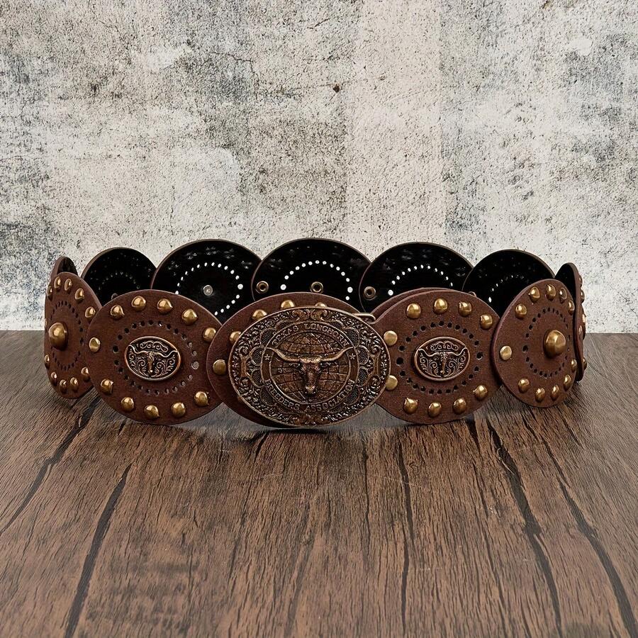 1条波西米亚风西部牛仔腰带，女士波西米亚风腰带，西部腰带，女士腰带，Y2K腰带，Y2K配饰，女士腰带，西部腰带，女士时尚配饰，青铜色牛头金属铆钉椭圆形贴片棕色腰带，连衣裙和牛仔裤配饰，派对，节日，生日，海滩，音乐节礼物 - 棕色 - 查看 1
