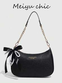 This Fashionable Classic Letter Pattern Solid Color PU Waterproof Shoulder Bag/Crescent Bag/Underarm Bag Is Very Suitable For Shopping, And Can Also Be Worn Crossbody. It Comes With A Pearl Ribbon Pendant, Suitable For Women, Female College Students, Commuters, Dates, Daily Commuting And Various Other Occasions. - Black - View 1