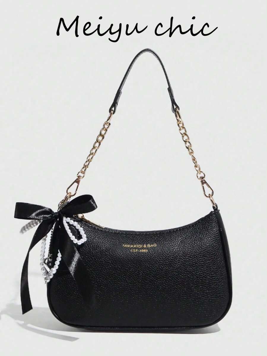 This Fashionable Classic Letter Pattern Solid Color PU Waterproof Shoulder Bag/Crescent Bag/Underarm Bag Is Very Suitable For Shopping, And Can Also Be Worn Crossbody. It Comes With A Pearl Ribbon Pendant, Suitable For Women, Female College Students, Commuters, Dates, Daily Commuting And Various Other Occasions. - Black - View 1