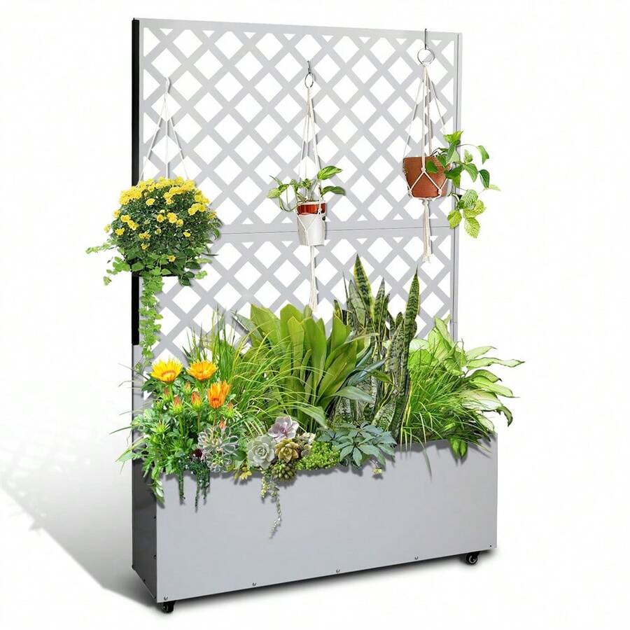 Caja de Plantación Metálica de Exterior Cama de Jardín Elevada con Rejilla Orificio de Drenaje para Plantas Trepadoras Flores Vegetales 73"x47"x12" - Blanco - a cuadros - con ruedas - Ver 1