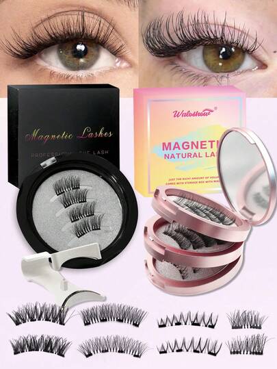 4对磁性眼线笔和磁性假睫毛套装，带磁性涂抹器，款式多样，无需胶水，自然妆效，可重复使用，7-12毫米仿貂毛假睫毛，适合日常佩戴，防水，卡通造型，外眼角加长，放大双眼