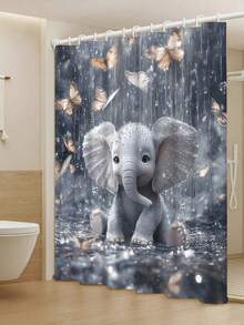 1件/4件装大象雨中主题浴帘，保暖防水，带12个挂钩，适用于房间、家庭、酒店，可机洗浴室帘 - 彩色 - 查看 9