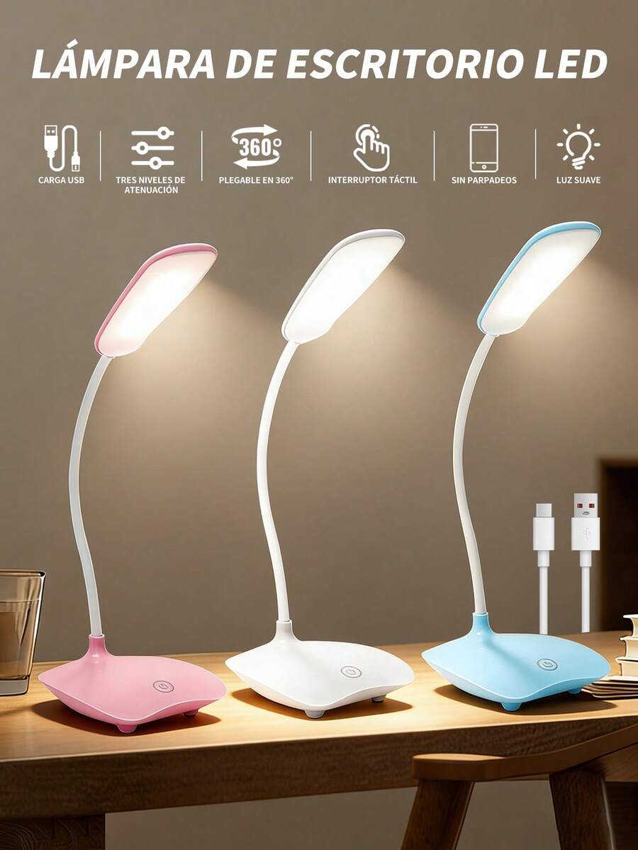 1 Pz Lámpara de escritorio portátil minimalista LED, luz suave para el hogar, dormitorio, residencia universitaria, lámpara de lectura de cuidado ocular gentil para mesita de noche, luz nocturna