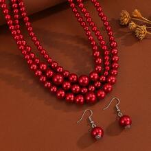 夸张多层手工串珠仿珍珠波西米亚风中东西部牛仔复古派对休闲项链耳环 - 橘色 - 查看 6