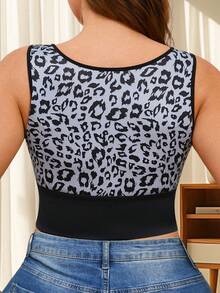 1pc Waist Tie Front Button Leopard Print Camisole With Built-In Cup Pad, Casual Layering Tank Top - Blue - View 3