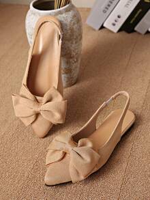 Women's Pointed Toe Backless Bow Design Flat Sandals, Elegant Casual Black Slingback Flat Shoes For Spring/Summer - Khaki - View 3