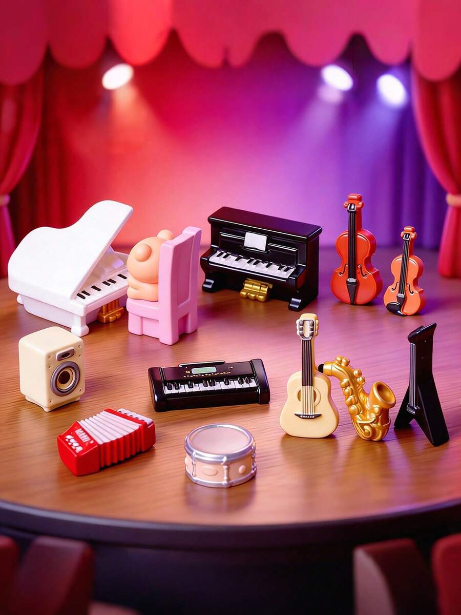 11件套西方乐器树脂微缩摆件，设计精致细腻，包括钢琴、小提琴等，适用于微景观、房间装饰、桌面摆件，为您的日常生活带来温馨治愈的氛围。