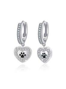 925 Sterling Silver Earrings, Cubic Zirconia Earrings, Animal Paw Earrings, Heart Pendant Earrings, Suitable For Daily Wear, Birthday Gift - Silver - View 1