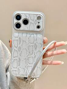 Luxury Snake Skin Faux Leather Camera Protection Phone Case, Compatible With IPhone 17 Pro Max, 17 Pro, 16, 15, 14 Pro Max, With Wrist Strap, Soft Matte Back Cover - Silver - View 2
