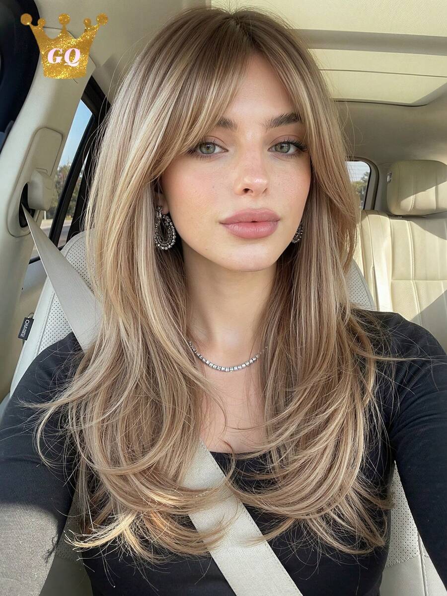 22 Inch Long Dark Ombre Brown Wavy Wigs For Women Synthetic Wigs With Bangs Long Natural Hair Wig With Bangs Use Daily Party Cosplay Heat Resistant Fiber - Brown - View 1