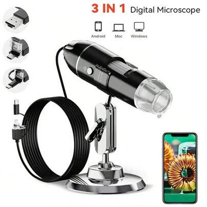 3-In-1 Type-C Android USB Digital Microscope Camera, 1600X Portable Electronic Microscope For Soldering, LED Magnifier, Type-C USB Magnifier